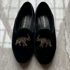 Ramon Tenza Black Velvet Loafers with Gold Elephant Embroidery, 7